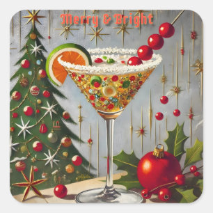 Retro 50s Merry Bright Christmas Snoep Cocktail Vierkante Sticker