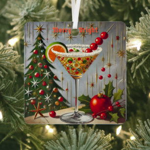 Retro 50s Merry Bright Kerstmis Snoep Cocktail Metalen Ornament