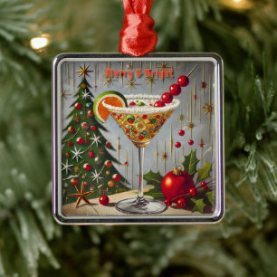 Retro 50s Merry Bright Kerstmis Snoep Cocktail Metalen Ornament