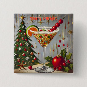 Retro 50s Merry Bright Kerstmis Snoep Cocktail Vierkante Button 5,1 Cm