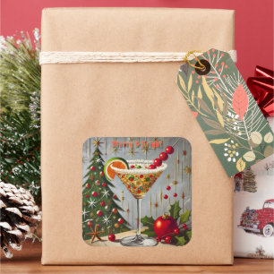 Retro 50s Merry Bright Kerstmis Snoep Cocktail Vierkante Sticker
