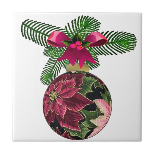 Retro 50s Poinsettia Burgundy Ornament Tegeltje (Voorkant)