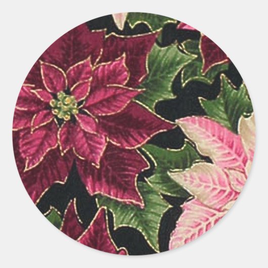 Retro 50s Poinsettia Burgundy Pink Ronde Sticker (Voorkant)