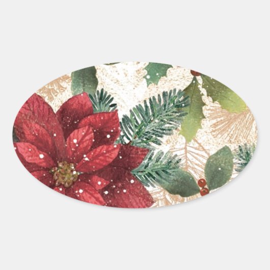 Retro 50s Poinsettia Red Green Cream Ovale Sticker (Voorkant)