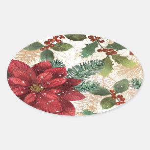 Retro 50s Poinsettia Red Green Cream Ovale Sticker