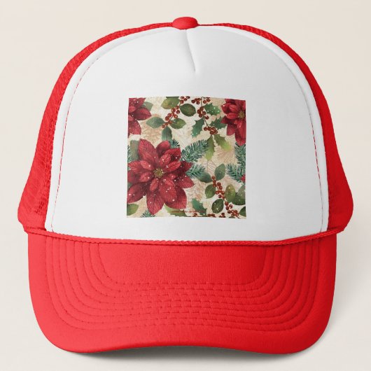 Retro 50s Poinsettia Red Green Cream Trucker Pet (Voorkant)