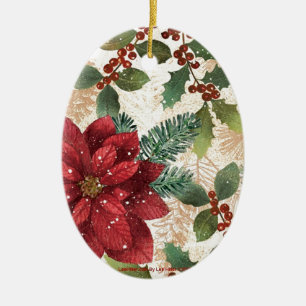 Retro 50s Poinsettia Rood Groen Crème Keramisch Ornament