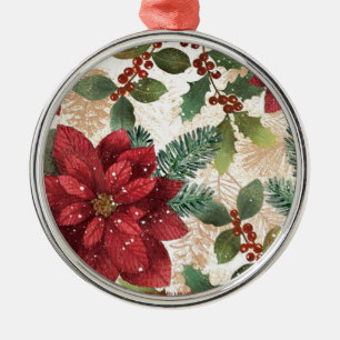Retro 50s Poinsettia Rood Groen Crème Metalen Ornament