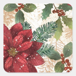 Retro 50s Poinsettia Rood Groen Crème Vierkante Sticker