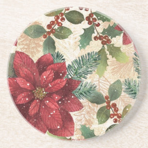 Retro 50s Poinsettia Rood Groen Crème Zandsteen Onderzetter