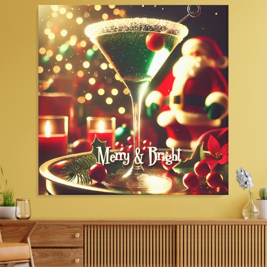 Retro 50s Santa Christmas Green Martini Canvas Afdruk (Insitu (Woonkamer))
