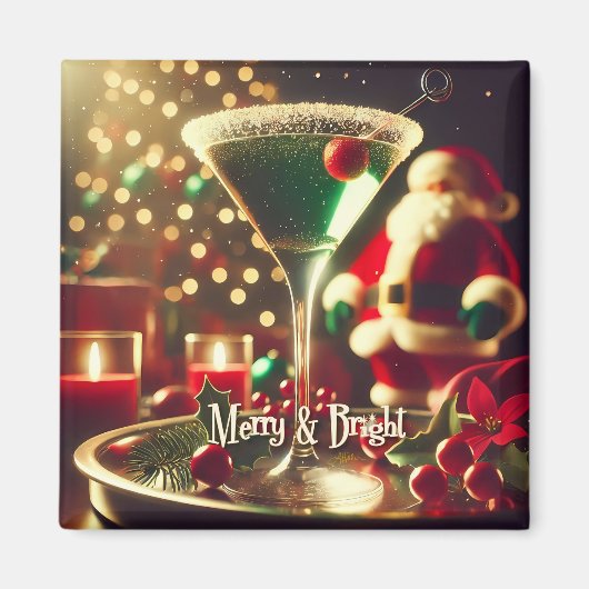 Retro 50s Santa Christmas Green Martini Magneet (Voorkant)
