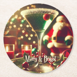 Retro 50s Santa Christmas Green Martini Ronde Kartonnen Onderzetter