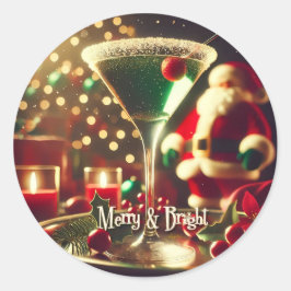 Retro 50s Santa Christmas Green Martini Ronde Sticker