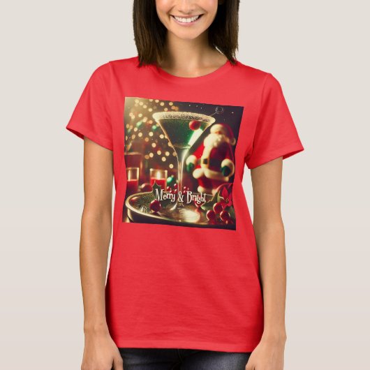 Retro 50s Santa Christmas Green Martini T-shirt (Voorkant)