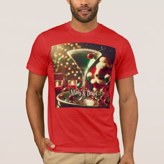 Retro 50s Santa Christmas Green Martini T-shirt (Voorkant)