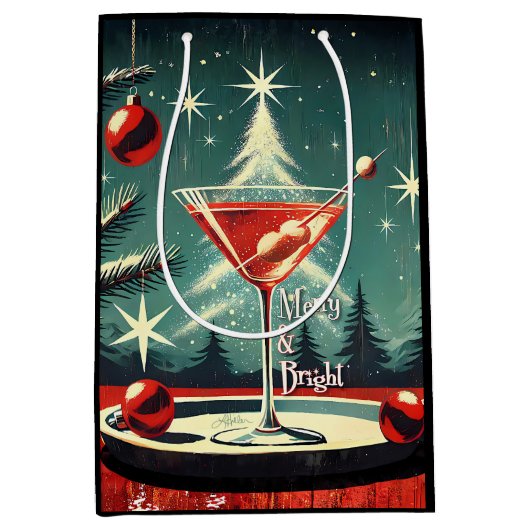 Retro 50s Sneeuwvlokken Kerstboom Martini Medium Cadeauzakje (Voorkant)
