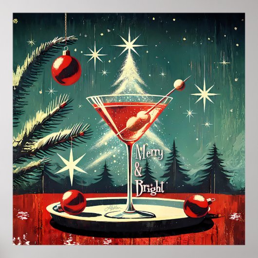 Retro 50s Sneeuwvlokken Kerstboom Martini Poster (Voorkant)