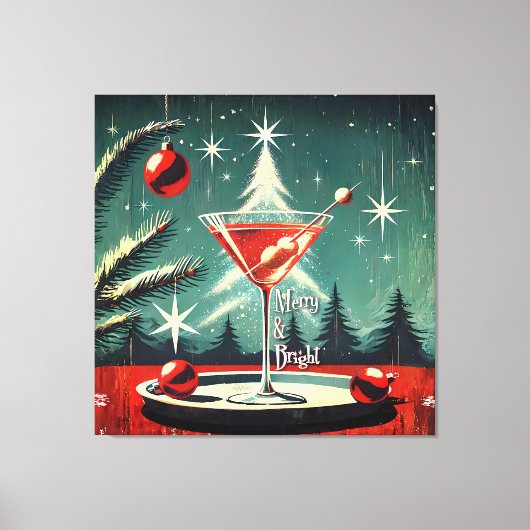 Retro 50s Snow Flurry Christmas Tree Martini Canvas Afdruk (Voorkant)