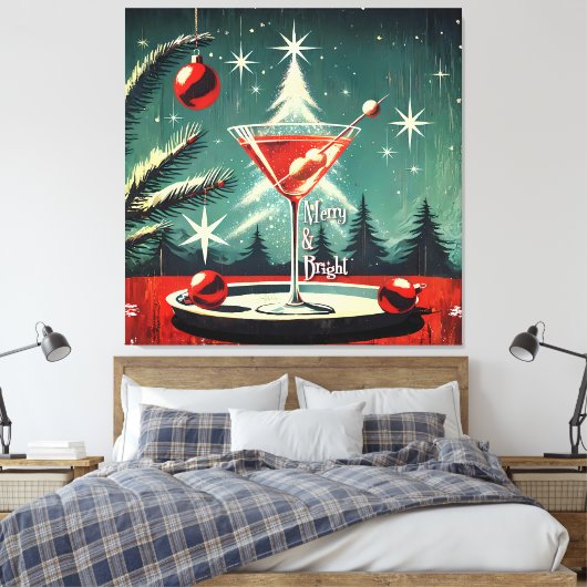 Retro 50s Snow Flurry Christmas Tree Martini Canvas Afdruk (Insitu (Slaapkamer))