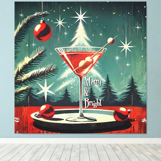 Retro 50s Snow Flurry Christmas Tree Martini Canvas Afdruk (Insitu (Houten vloer))