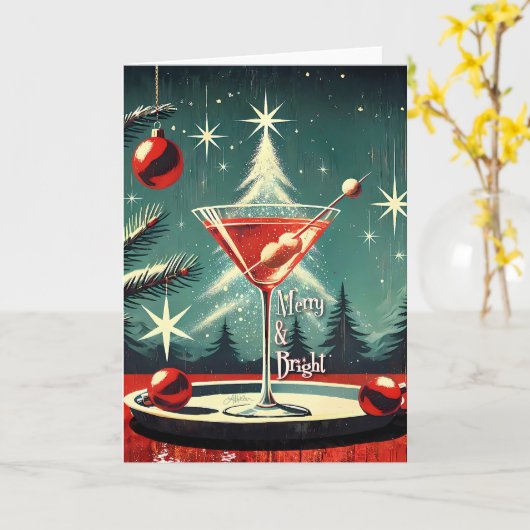 Retro 50s Snow Flurry Christmas Tree Martini Kaart (Gele Bloem)