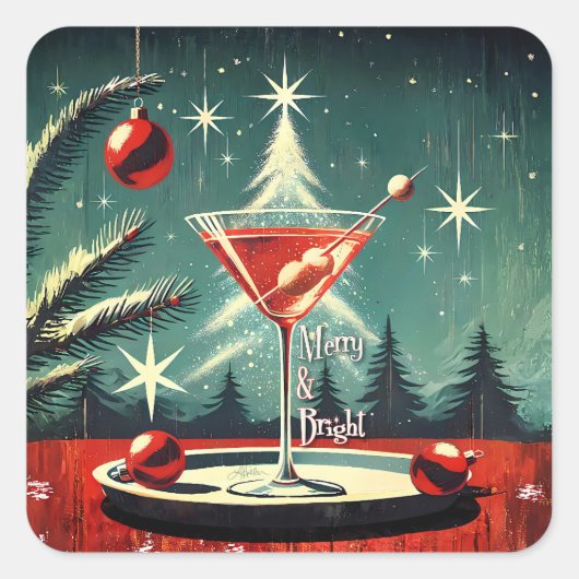 Retro 50s Snow Flurry Christmas Tree Martini Vierkante Sticker (Voorkant)