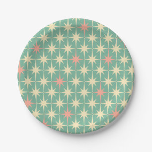 Retro 50s Star Pattern Blauwgroen Mint Pink Cream Papieren Bordje