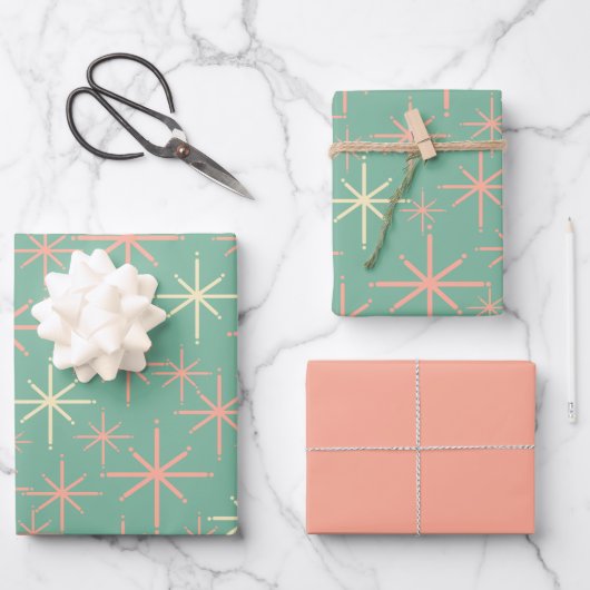 Retro 50s Starbursts in Mint en Blush Inpakpapier Vel (Voorkant)
