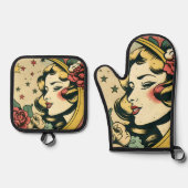 Retro 50s Stijl Halve Maan Dame Ovenwant & Pannenlap Set (Voorkant)