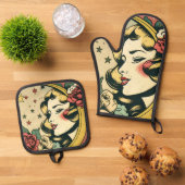 Retro 50s Stijl Halve Maan Dame Ovenwant & Pannenlap Set (Top down)