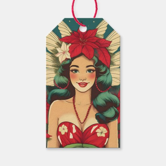 Retro 50s Tropical Christmas Pin-Up Girl Cadeaulabel (Voorkant)