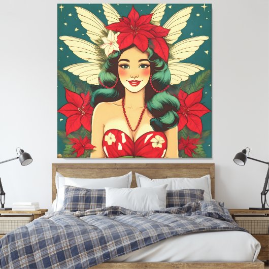 Retro 50s Tropical Christmas Pin-Up Girl Canvas Afdruk (Insitu (Slaapkamer))