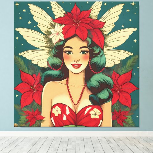 Retro 50s Tropical Christmas Pin-Up Girl Canvas Afdruk (Insitu (Houten vloer))