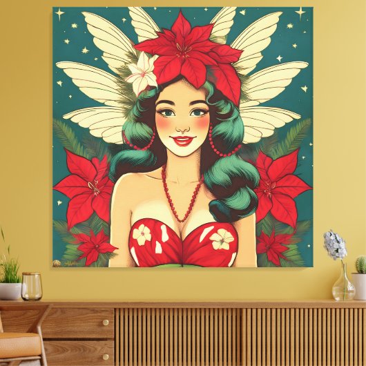 Retro 50s Tropical Christmas Pin-Up Girl Canvas Afdruk (Insitu (Woonkamer))