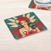 Retro 50s Tropical Christmas Pin-Up Girl Kartonnen Onderzetters (Schuin)