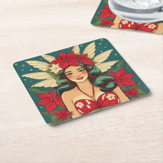 Retro 50s Tropical Christmas Pin-Up Girl Kartonnen Onderzetters (Schuin)