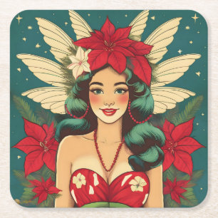 Retro 50s Tropical Christmas Pin-Up Girl Kartonnen Onderzetters