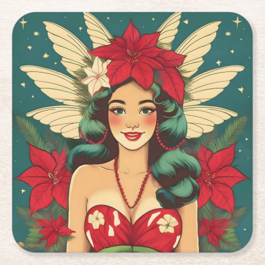 Retro 50s Tropical Christmas Pin-Up Girl Kartonnen Onderzetters (Voorkant)