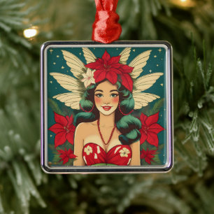 Retro 50s Tropical Christmas Pin-Up Girl Metalen Ornament