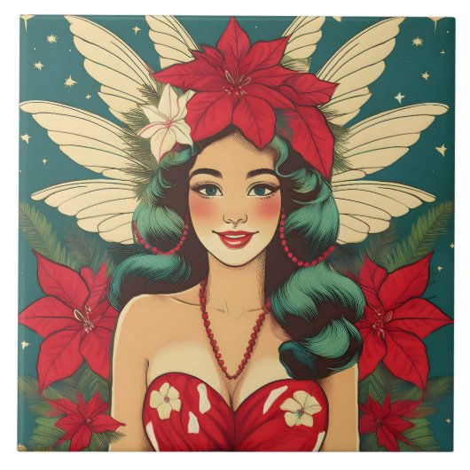 Retro 50s Tropical Christmas Pin-Up Girl Tegeltje (Voorkant)