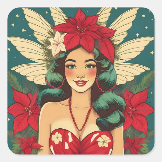 Retro 50s Tropical Christmas Pin-Up Girl Vierkante Sticker (Voorkant)