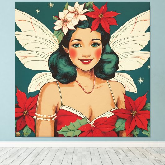 Retro 50s Tropical Christmas Pin-Up Starlet Canvas Afdruk (Insitu (Houten vloer))
