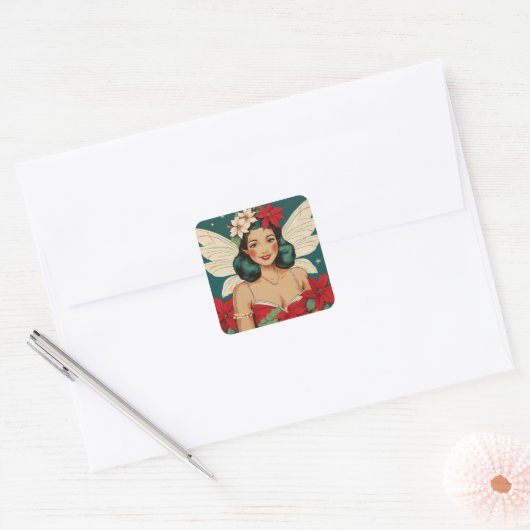 Retro 50s Tropical Christmas Pin-Up Starlet Vierkante Sticker (Envelop)