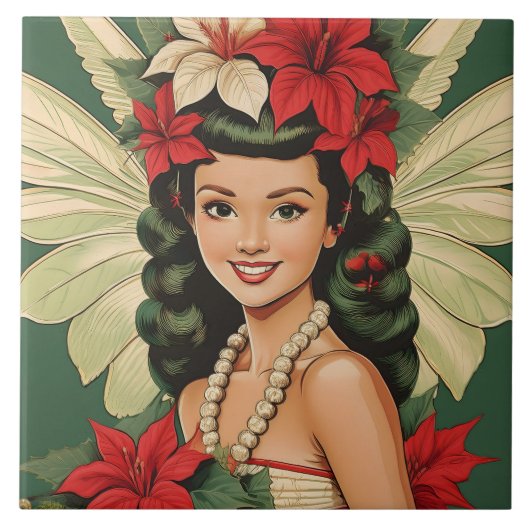 Retro 50s Tropische Kerst Prinses Tegeltje (Voorkant)