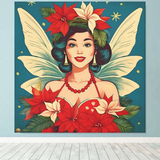 Retro 50s Tropische Kerstmis Pin-Up Beauty Queen Canvas Afdruk (Insitu (Houten vloer))