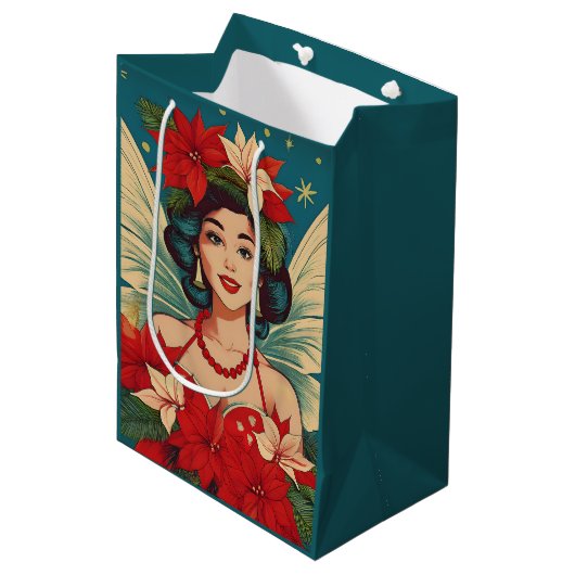 Retro 50s Tropische Kerstmis Pin-Up Beauty Queen Medium Cadeauzakje (Voorkant Gekanteld)