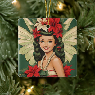 Retro 50s Tropische Kerstprinses Keramisch Ornament
