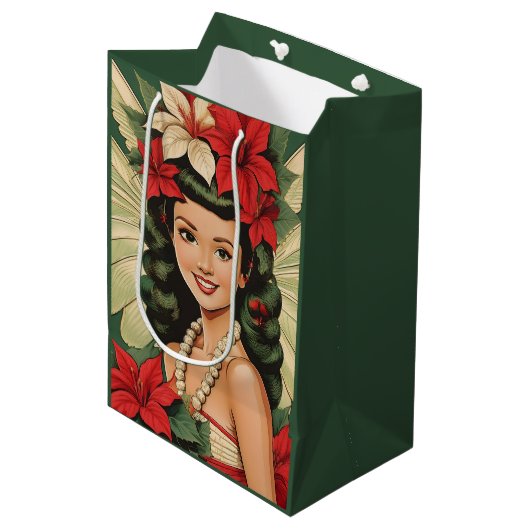 Retro 50s Tropische Kerstprinses Medium Cadeauzakje (Voorkant Gekanteld)