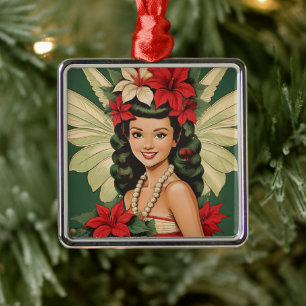 Retro 50s Tropische Kerstprinses Metalen Ornament